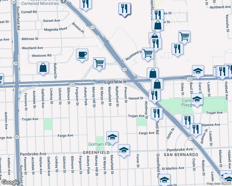 map of restaurants, bars, coffee shops, grocery stores, and more near 20574 Mansfield Street in Detroit
