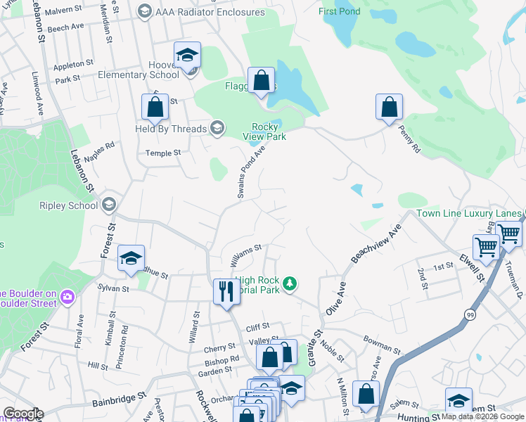 map of restaurants, bars, coffee shops, grocery stores, and more near Maple Terrace in Melrose