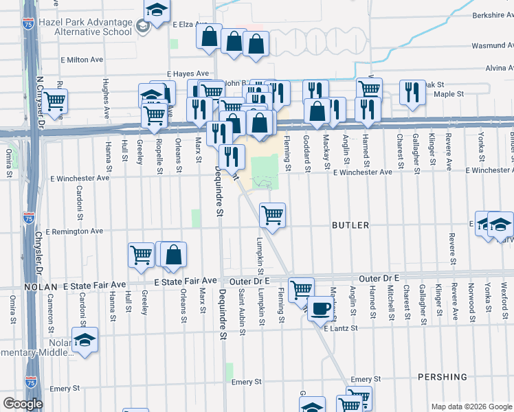 map of restaurants, bars, coffee shops, grocery stores, and more near 2048 Pointer Street in Detroit