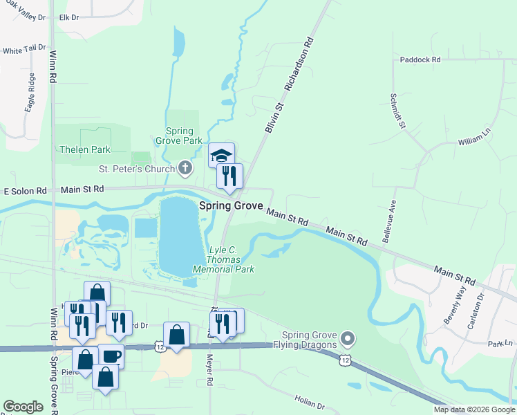 map of restaurants, bars, coffee shops, grocery stores, and more near 1905 North Street in Spring Grove