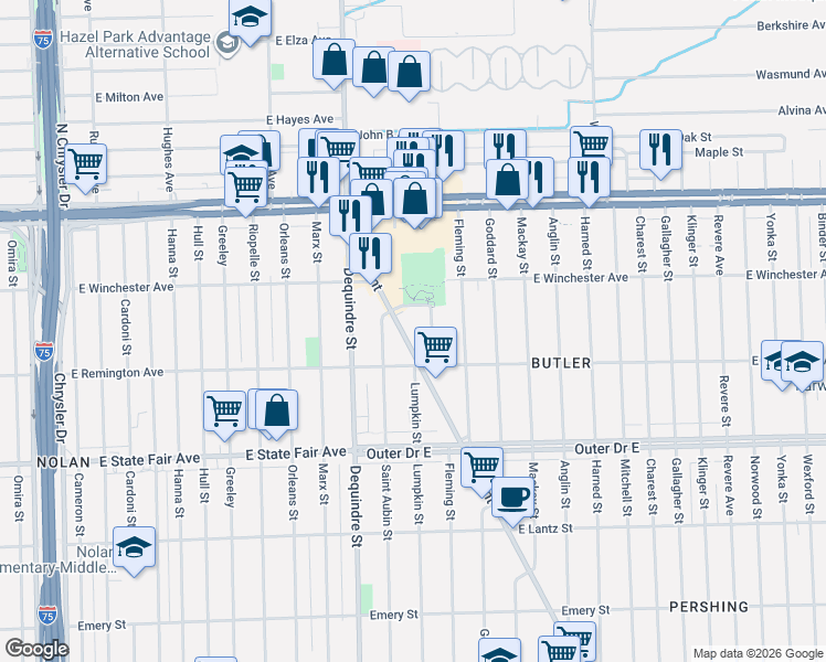 map of restaurants, bars, coffee shops, grocery stores, and more near 20160 Conant Street in Detroit