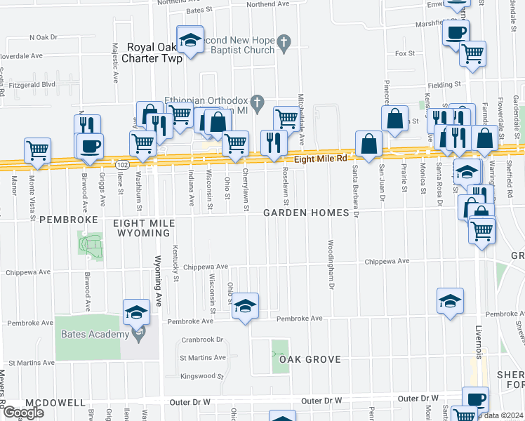 map of restaurants, bars, coffee shops, grocery stores, and more near 20401 Northlawn Street in Detroit