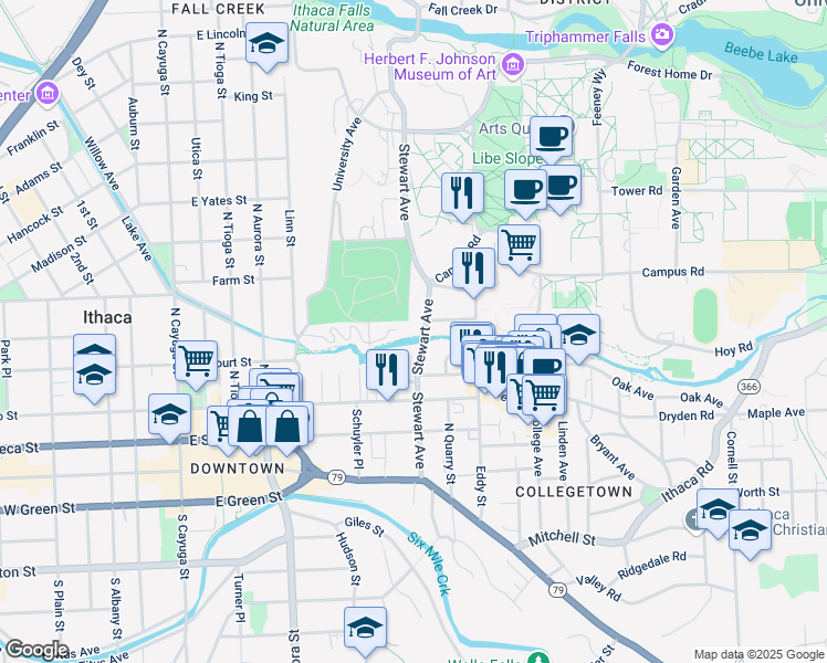 map of restaurants, bars, coffee shops, grocery stores, and more near 512 Stewart Avenue in Ithaca