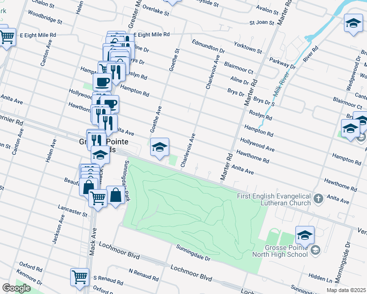 map of restaurants, bars, coffee shops, grocery stores, and more near 1506 Anita Avenue in Grosse Pointe Woods
