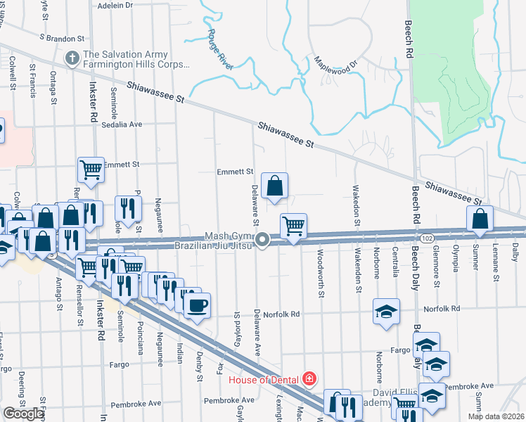 map of restaurants, bars, coffee shops, grocery stores, and more near 20788 Delaware Street in Southfield