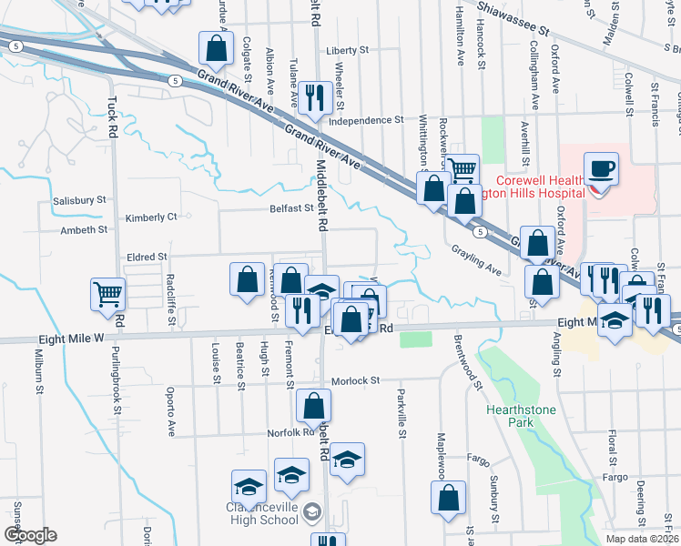 map of restaurants, bars, coffee shops, grocery stores, and more near 29342 Scotten Street in Farmington Hills