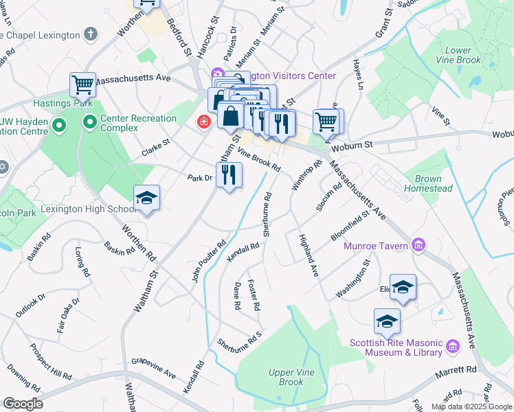 map of restaurants, bars, coffee shops, grocery stores, and more near 9 Sherburne Road in Lexington