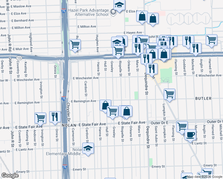 map of restaurants, bars, coffee shops, grocery stores, and more near 20206 Greeley Street in Highland Park