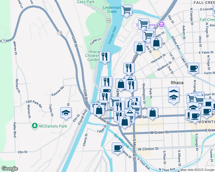 map of restaurants, bars, coffee shops, grocery stores, and more near 315 Old Taughannock Boulevard in Ithaca