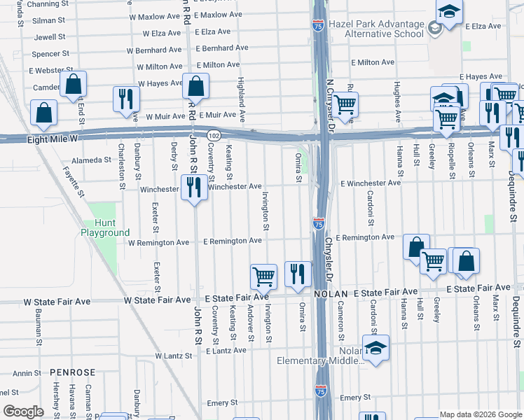 map of restaurants, bars, coffee shops, grocery stores, and more near 20193 Irvington Street in Highland Park