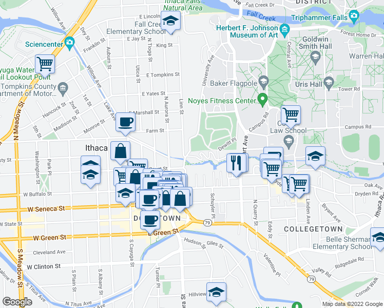 map of restaurants, bars, coffee shops, grocery stores, and more near 104 Cascadilla Park Road in Ithaca