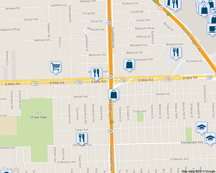 map of restaurants, bars, coffee shops, grocery stores, and more near 20539 Southfield Road in Detroit