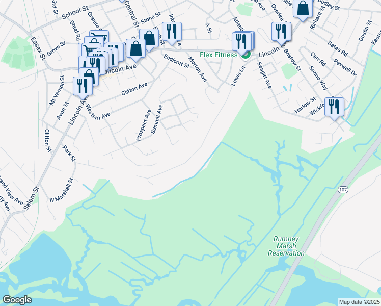 map of restaurants, bars, coffee shops, grocery stores, and more near 72 Aberdeen Avenue in Saugus