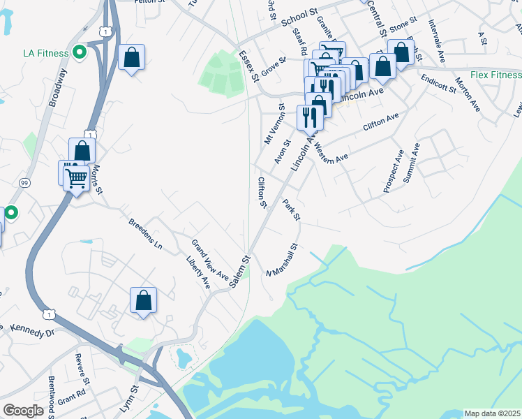 map of restaurants, bars, coffee shops, grocery stores, and more near 21 Clifton Street in Revere