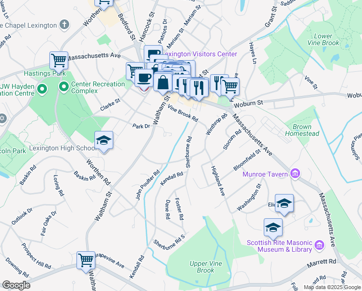 map of restaurants, bars, coffee shops, grocery stores, and more near 9 Sherburne Road in Lexington