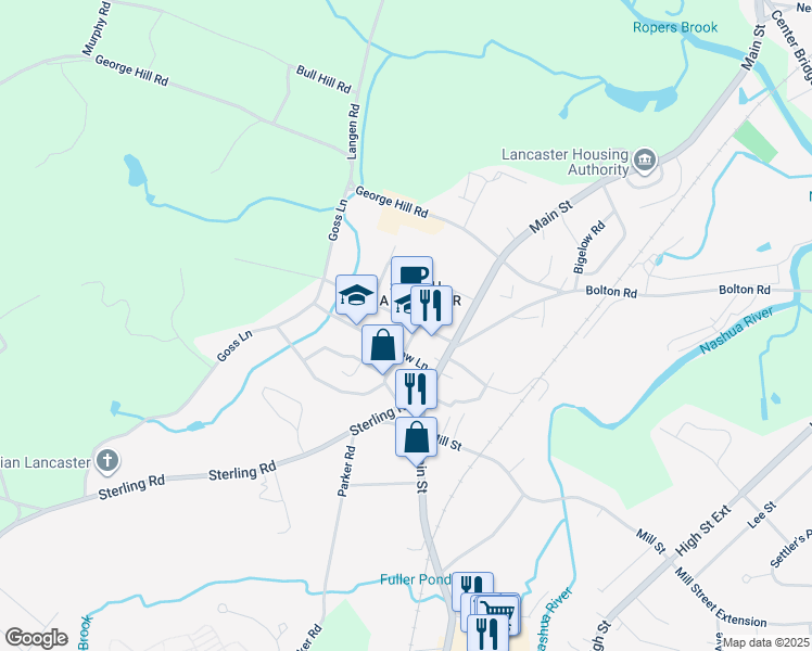 map of restaurants, bars, coffee shops, grocery stores, and more near 73 Prescott Street in Lancaster