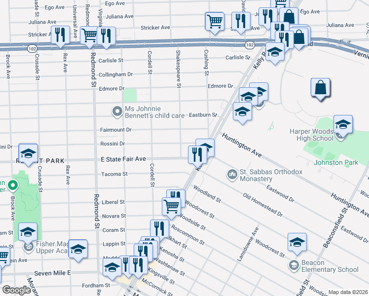map of restaurants, bars, coffee shops, grocery stores, and more near 16605 Rossini Drive in Detroit