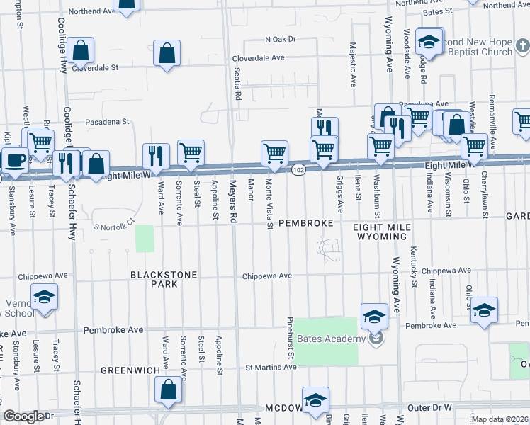 map of restaurants, bars, coffee shops, grocery stores, and more near 20468 Monte Vista Street in Detroit