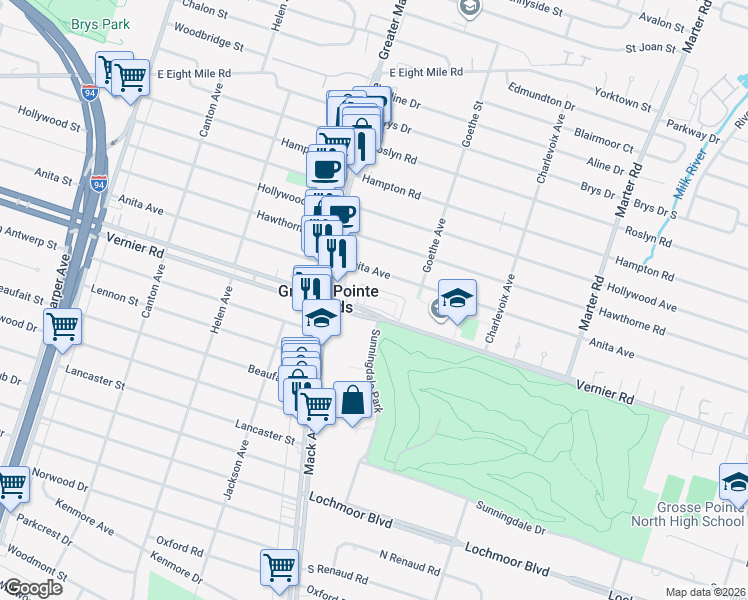 map of restaurants, bars, coffee shops, grocery stores, and more near 1800 Vernier Road in Grosse Pointe Woods