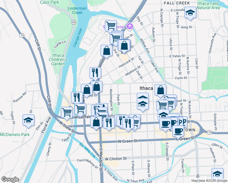 map of restaurants, bars, coffee shops, grocery stores, and more near 316 Park Place in Ithaca