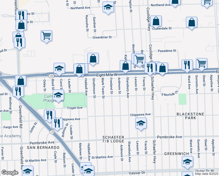 map of restaurants, bars, coffee shops, grocery stores, and more near 20457 Freeland Street in Detroit