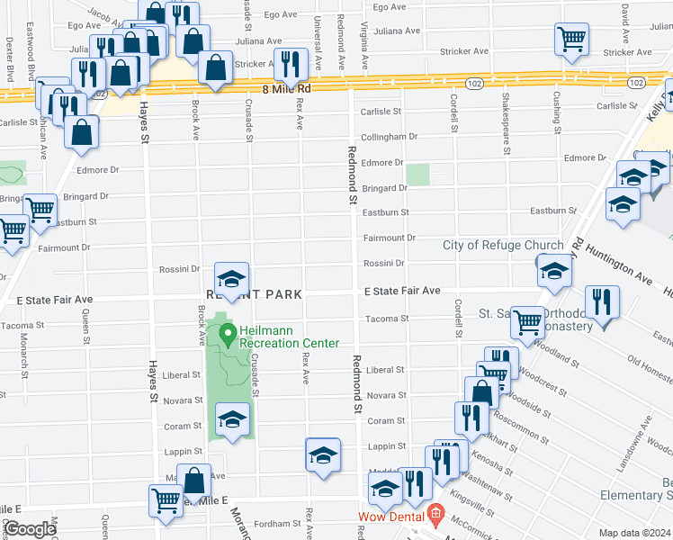 map of restaurants, bars, coffee shops, grocery stores, and more near 15872 Rossini Drive in Detroit