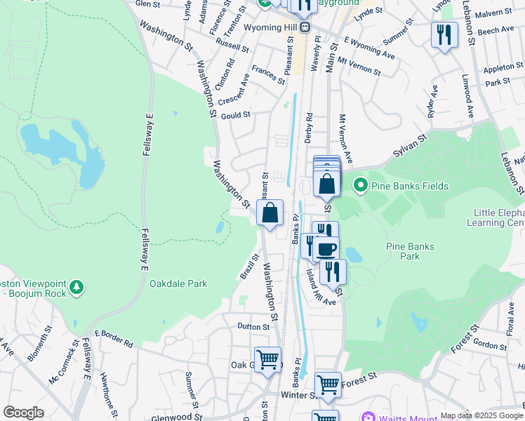 map of restaurants, bars, coffee shops, grocery stores, and more near 25 Pleasant Street in Melrose