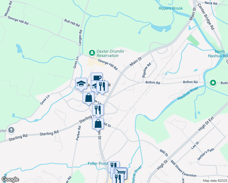 map of restaurants, bars, coffee shops, grocery stores, and more near 283 Main Street in Lancaster