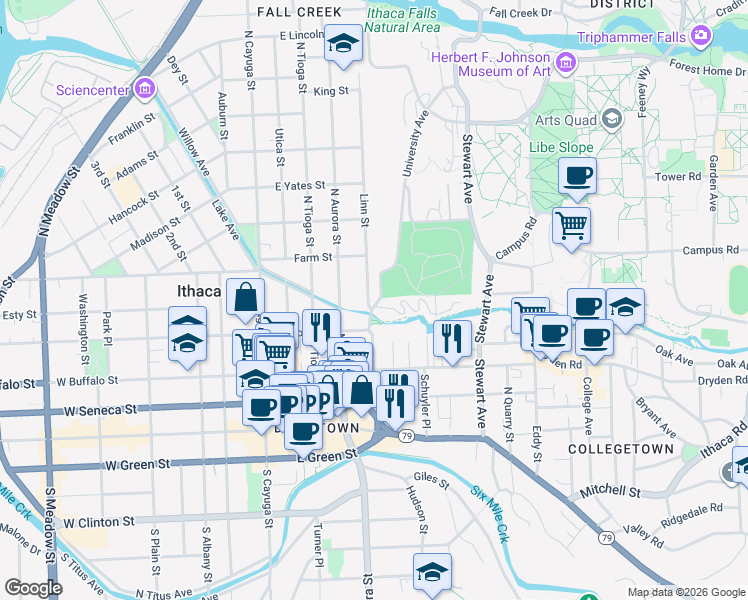 map of restaurants, bars, coffee shops, grocery stores, and more near 104 Cascadilla Park Road in Ithaca