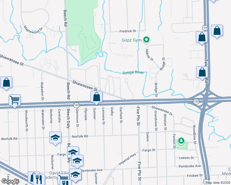 map of restaurants, bars, coffee shops, grocery stores, and more near 25368 Shiawassee Circle in Southfield