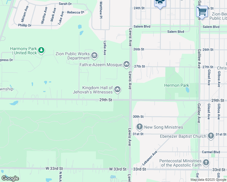map of restaurants, bars, coffee shops, grocery stores, and more near 3104 29th Street in Zion