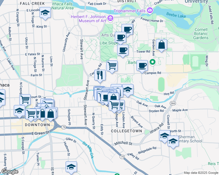 map of restaurants, bars, coffee shops, grocery stores, and more near 241 Campus Road in Ithaca