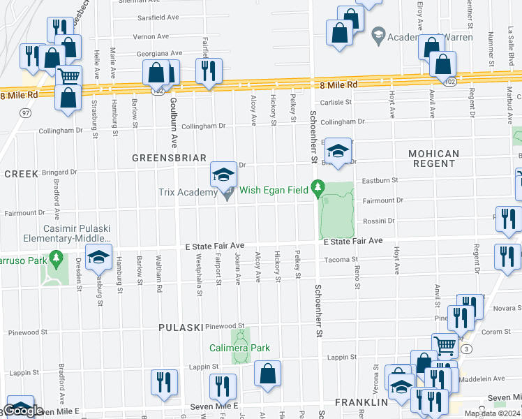 map of restaurants, bars, coffee shops, grocery stores, and more near 19988 Alcoy Avenue in Detroit