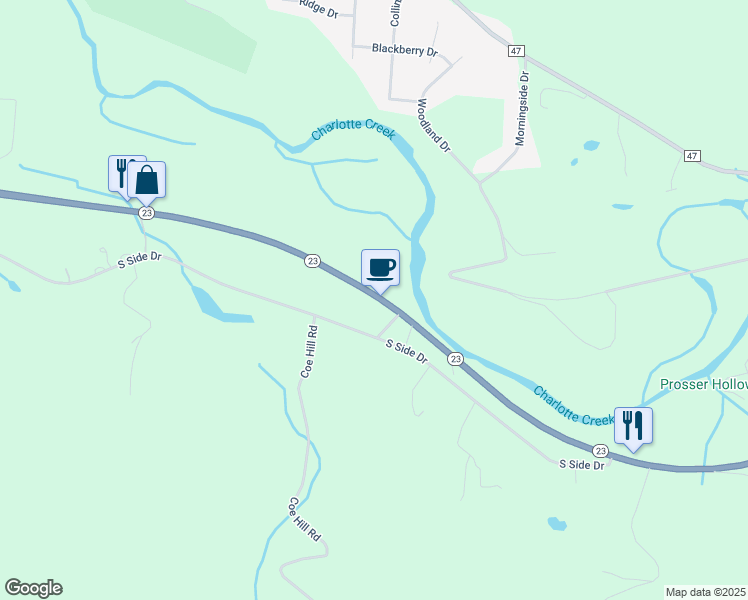 map of restaurants, bars, coffee shops, grocery stores, and more near 6725-6747 New York 23 in Oneonta