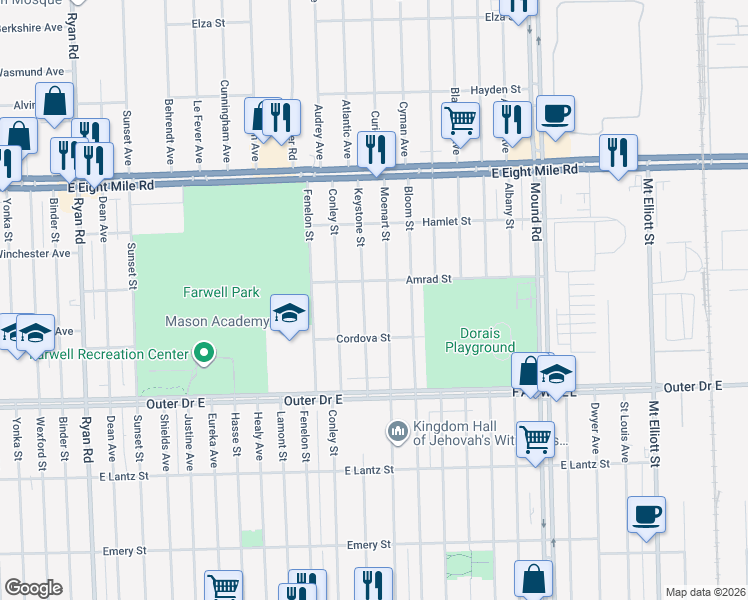 map of restaurants, bars, coffee shops, grocery stores, and more near 20100 Moenart Street in Detroit