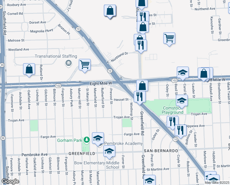 map of restaurants, bars, coffee shops, grocery stores, and more near 10 Motor Drive in Detroit