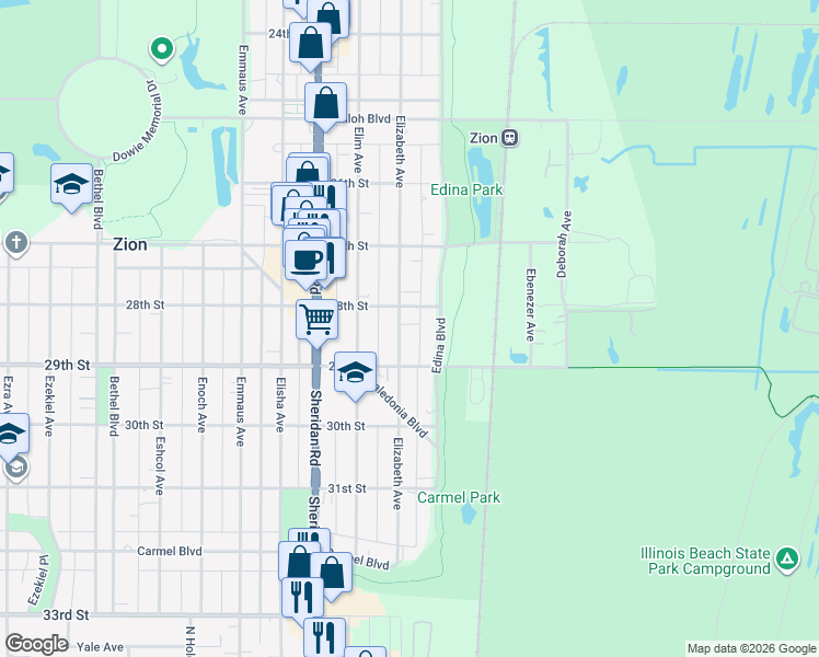 map of restaurants, bars, coffee shops, grocery stores, and more near 2803 Elizabeth Avenue in Zion