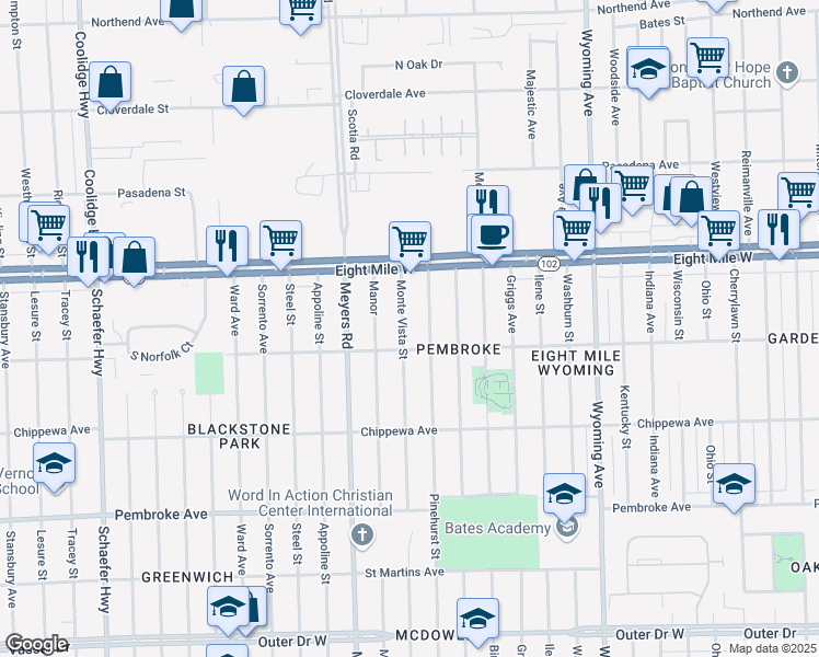 map of restaurants, bars, coffee shops, grocery stores, and more near 20436 Monte Vista Street in Detroit