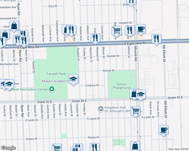 map of restaurants, bars, coffee shops, grocery stores, and more near 20100 Moenart Street in Detroit