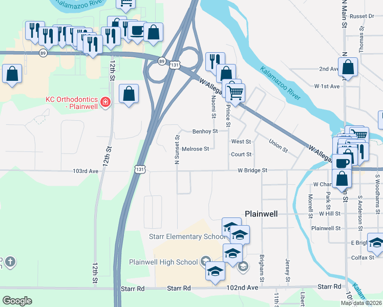 map of restaurants, bars, coffee shops, grocery stores, and more near 669 Melrose Street in Plainwell