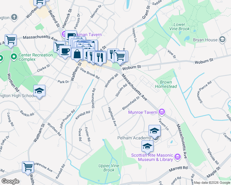 map of restaurants, bars, coffee shops, grocery stores, and more near 19 Slocum Road in Lexington