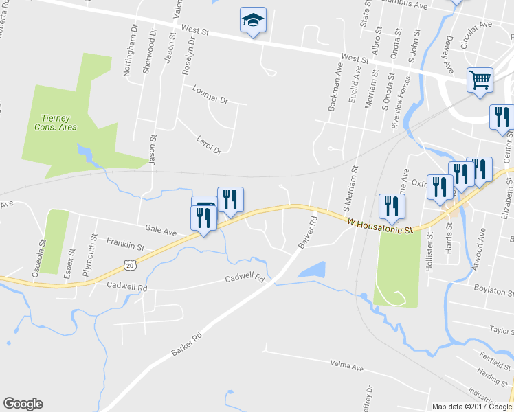 map of restaurants, bars, coffee shops, grocery stores, and more near 406 West Housatonic Street in Pittsfield