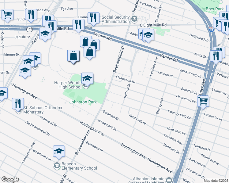 map of restaurants, bars, coffee shops, grocery stores, and more near 19636 Lancaster Street in Harper Woods