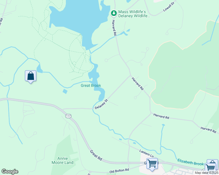 map of restaurants, bars, coffee shops, grocery stores, and more near 43 Delaney Street in Stow