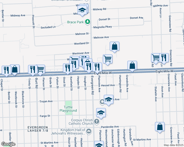 map of restaurants, bars, coffee shops, grocery stores, and more near W 8 Mile Rd & Evergreen Rd in Detroit