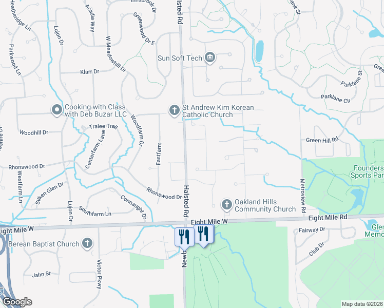 map of restaurants, bars, coffee shops, grocery stores, and more near 21234 Halsted in Farmington