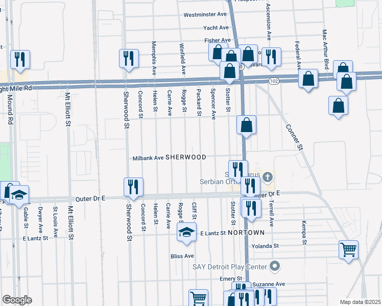 map of restaurants, bars, coffee shops, grocery stores, and more near 20129 Rogge Street in Detroit