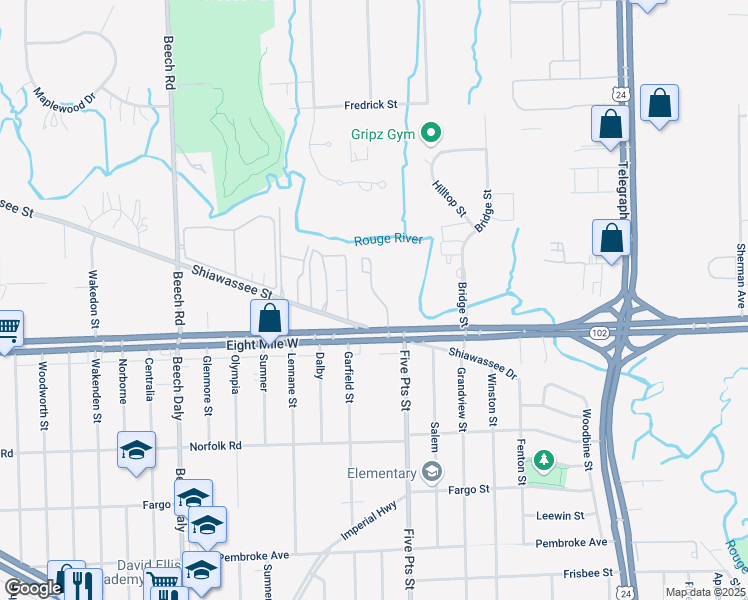 map of restaurants, bars, coffee shops, grocery stores, and more near 25112 Shiawassee Circle in Southfield