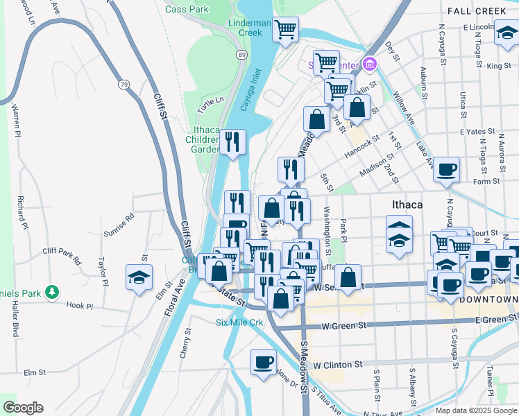 map of restaurants, bars, coffee shops, grocery stores, and more near 801 Cascadilla Street in Ithaca