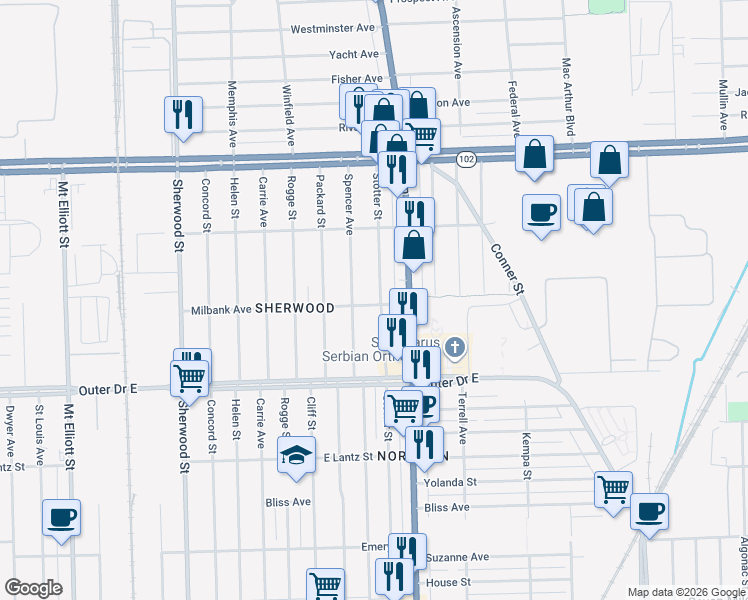 map of restaurants, bars, coffee shops, grocery stores, and more near 20124 Spencer Avenue in Detroit